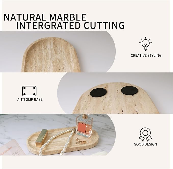Travertine Vanity Tray for Bathroom Counter, 10"x5" Natural Marble Tray, Hand Polished, Perfume Organizer with Non-Slip Base, Candles, Stone Jewelry Dish (Travertine Beige, 9.8X4.7)