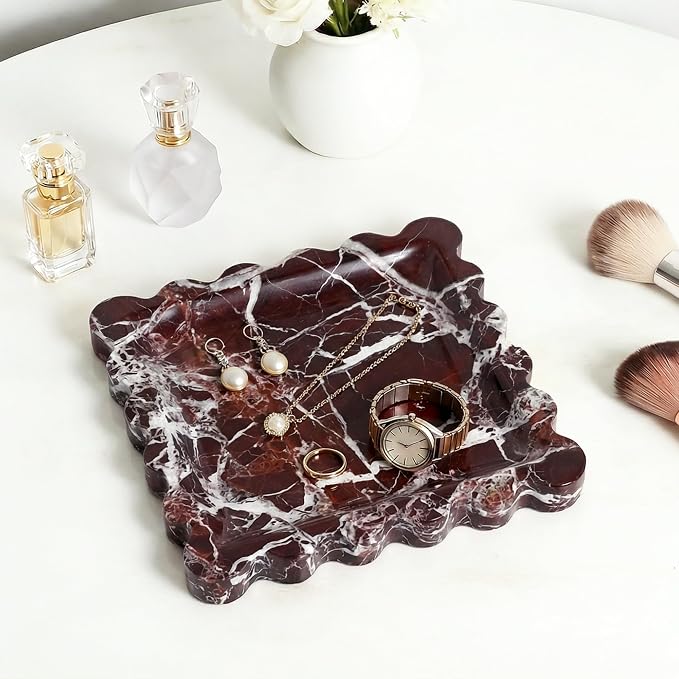 Scalloped Square Marble Decorative Tray, Natural Stone Vanity & Jewelry Tray, Trinket Organizer for Ring, Key, Dresser, Nightstand, Bathroom Counter & Kitchen Sink(Rosso Lepanto)