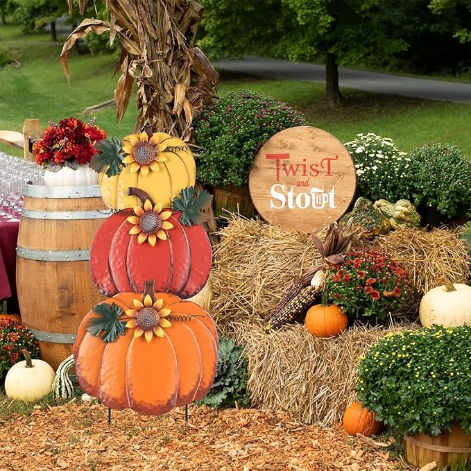 PHITRIC Fall Decorations for Home Outdoor, Decorative Garden Stakes with 3 Pumpkins for Fall Decor, Metal Yard Signs for Outside Garden Yard Lawn Porch Lawn Thanksgiving Decorations