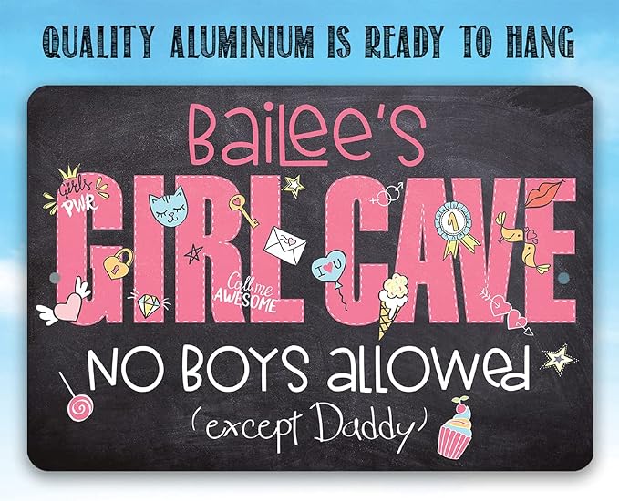 Personalized - Girl Cave - Great Girl Room Decor, Dorm Room Essentials, Preppy Pink Room Decoration, Teen's Room She Shed Sign Gift, Chalkboard Style 8x12 Indoor or Outdoor Durable Metal Sign
