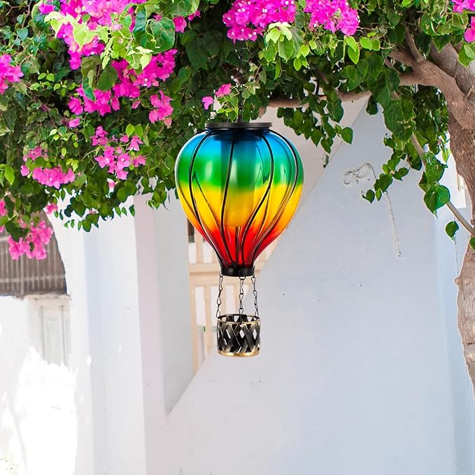 Starsoul Glass Hot Air Balloon Solar Lantern with Flickering Flame Light Colorful Solar Powered Hot Air Balloon Lamp Waterproof Hanging Solar Lantern for Garden Yard Patio Porch Decor