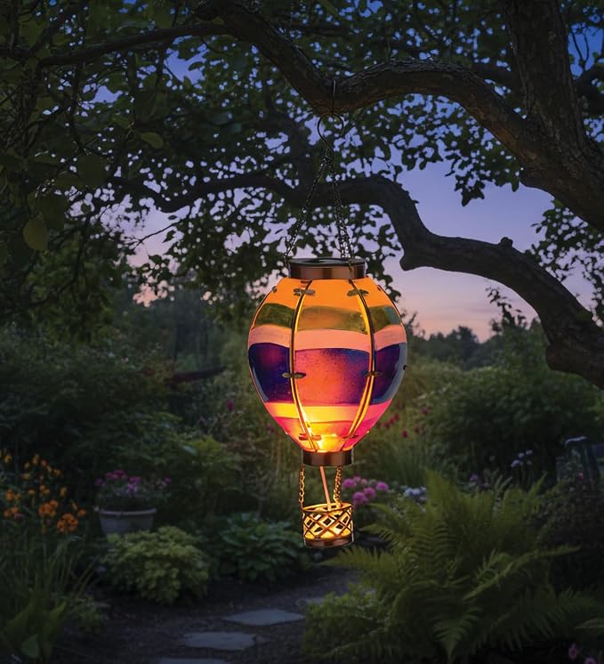 Regal Art & Gift Hot Air Balloon Solar Lantern – Hanging Solar-Powered LED Lights, Waterproof Portable Decorative Outdoor Lamp Made of Metal & Glass for Garden, Patios & Pathway – Stripe (Small)