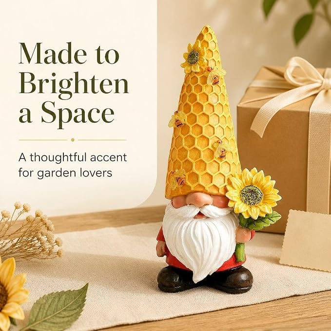 12.3'' Sunflower Garden Gnomes Statue with Solar Bee Lights | Fall Decorations ,Outside Decor, Yard Art Lawn Ornaments, Porch Patio Balcony Home House, Gifts for Mom Grandma Women