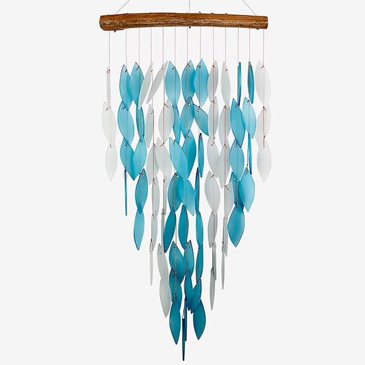 Blue Handworks Blue Deluxe Waterfall Glass Wind Chime | Handcrafted Deluxe Waterfall Glass Wind Chime in Bright Blue and Frosted White