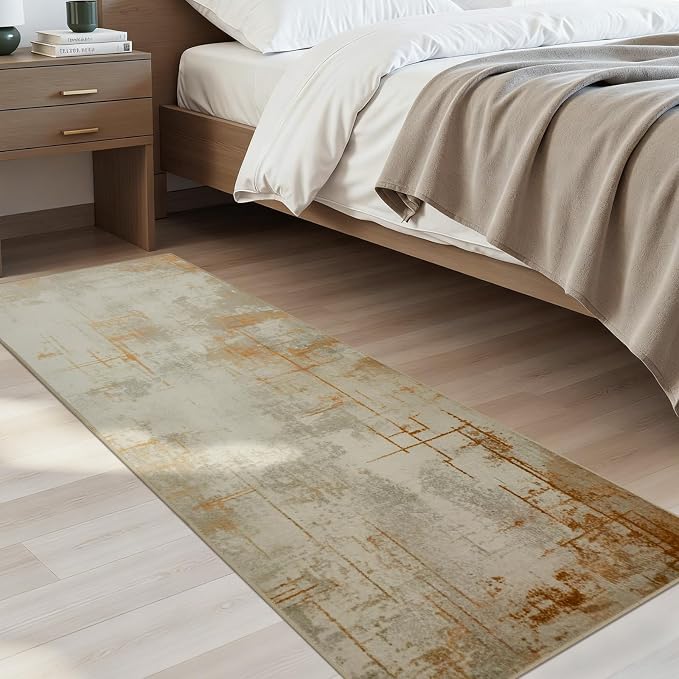 Joydeco 2x6 Runner Rug for Hallway, Modern Abstract Non-Slip Soft Washable Rugs, Low Pile Carpet for Entryway, Kitchen, Bedroom, Laundry, Light Brown & White & Beige