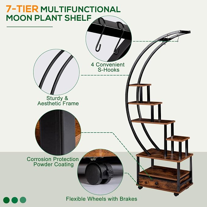 7-Tier Half Moon Indoor Plant Stand with Lockable Wheels, 71” Tall Plant Shelf with Drawer & Accessories, Plant Holder Display Rack for Multi-plants, Large Plant Rack for Patio Balcony Living Room (Half Moon)
