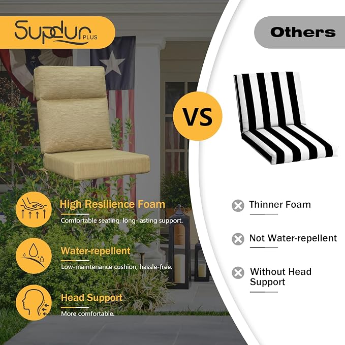 Outdoor High Back Chair Cushion, 2 Pack 44x21 inches Patio Chair Cushions Water Repellent Rocking Cushions Indoor Furniture Seat Pad, Warm Taupe