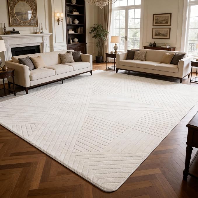 Beige Geometric 5x7 Solid Area Rug, Washable for Living Room Bedroom | Ultra Soft Thick High-Low Pile Carpet, Fluffy, Non-Slip Modern Geometric Rugs for bedside, Kids Room, Nursery, Home Office