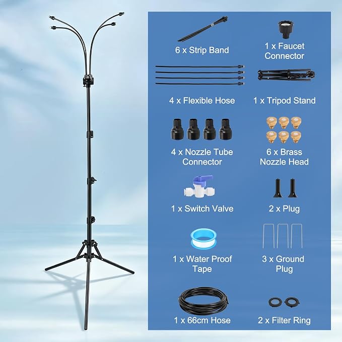 Gugxiom 5.3FT Standing Misters for Outside Patio, 26.5FT Water Supply Line & Adjustable Height & 5 Brass Nozzles, Portable Water Mister for Patio BBQ Pool