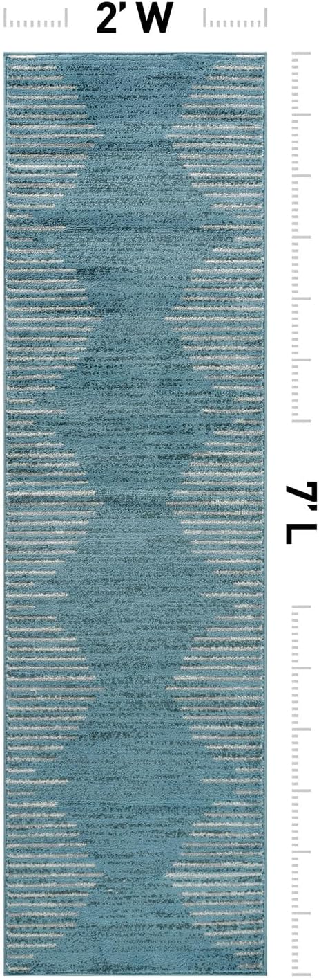 Rugshop Bohemian Stripe Stain Resistant High Traffic Area Rug Blue 2' x 7' | Rectangular, Size 2' x 7', Living Room, Bedroom, Dining Room, Home Office, Kitchen, Entryway, Hallway, Nursery, Kids Room