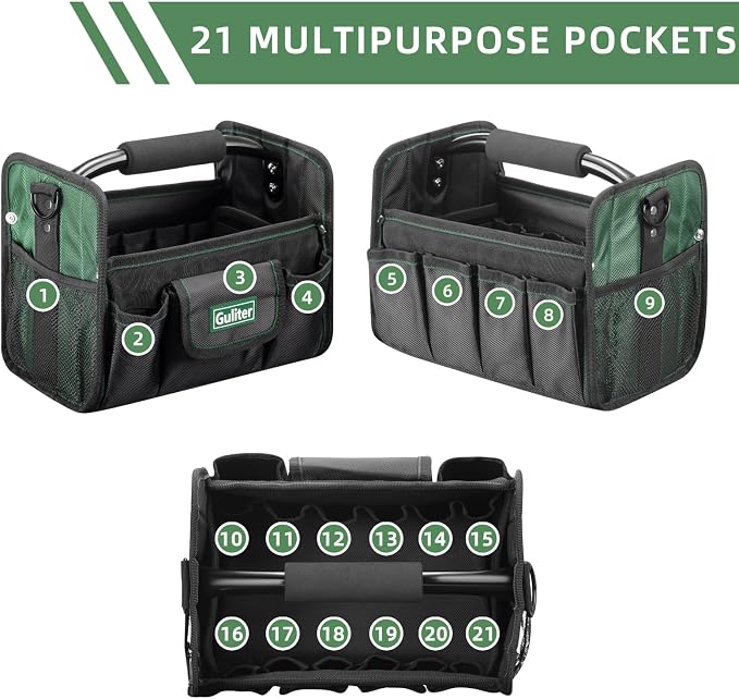 11 Inch Small Tool Bag, Open Top Tool Tote with Stainless Steel Handle and Adjustable Shoulder Strap,21 Pockets Electrician Tool Bags,Black/Green