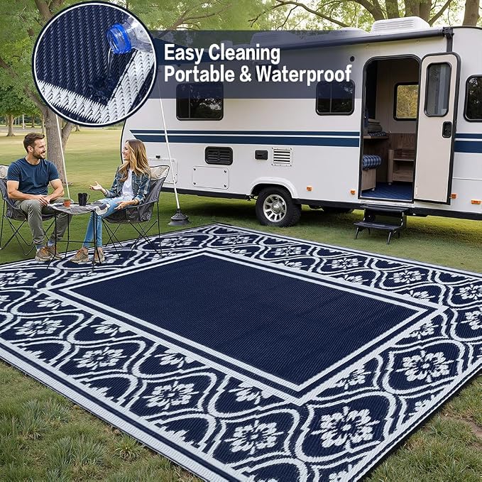 HUGEAR RV Outdoor Rug Waterproof Mat 9'x12' Camping Carpet Blue Outside Area Rugs Reversible Rugs for Deck Entryance Porch Picnic Balcony Beach