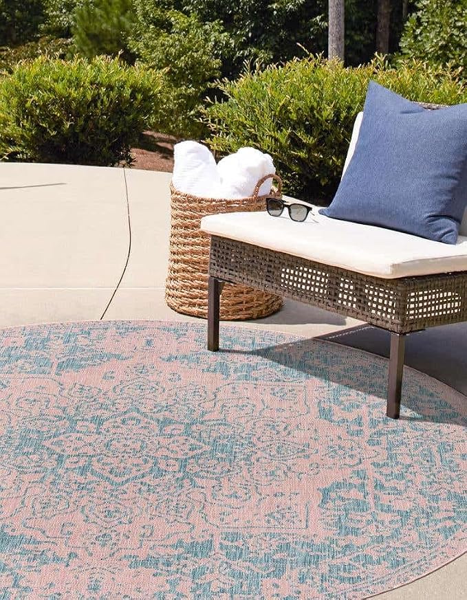 Unique Loom Jill Zarin Jill Zarin Outdoor Collection Area Rug - Dubai (6' 7" Round, Pink and Aqua/Light Blue)
