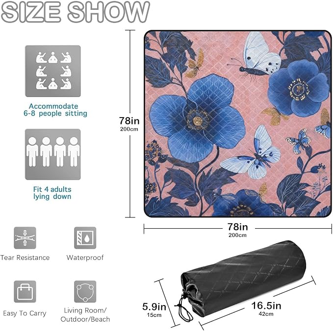 Blue Flower Butterfly Waterproof Picnic Basket Set Portable Outdoor Picnic Accessories Outdoor for Outdoorsy People Couples Gift cobija para parque