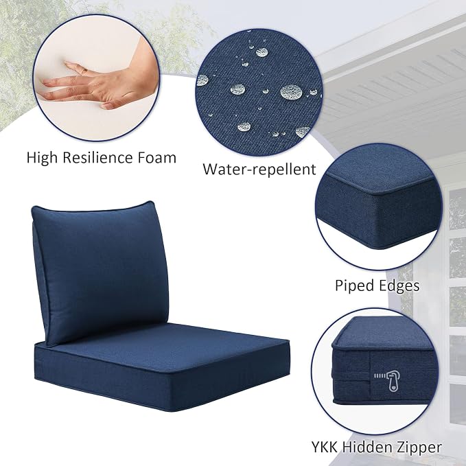 Unimatta Sunbrella Outdoor Patio Chair Cushions Set, 24" x 24"(24x24 Back), Set of 2, Water-Repellent, Fade Resistant, Deep Seat Bottom and Back Cushion for Backyard, Couch, Sofa, Canvas Navy Blue