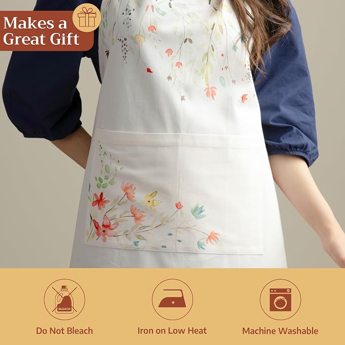 Maison d' Hermine Aprons for women with Pocket 100% Cotton (27.50"x31.50") | Adjustable Neck Strap & long ties Apron Men Chef Wedding Cooking Gardening Server Maid