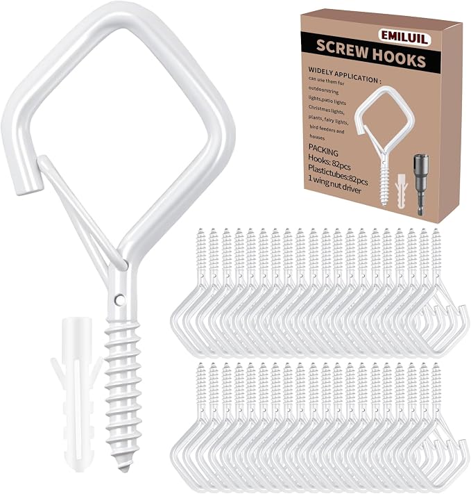 82 PCS Metal White Eye Screw Hooks for Hanging Heavy Duty.Windproof Ceiling Hooks for Hanging Plants,Cup,Wind Chime,Bird Feeders,Christmas String Lights at Indoor&Outdoor 2.2 Inch
