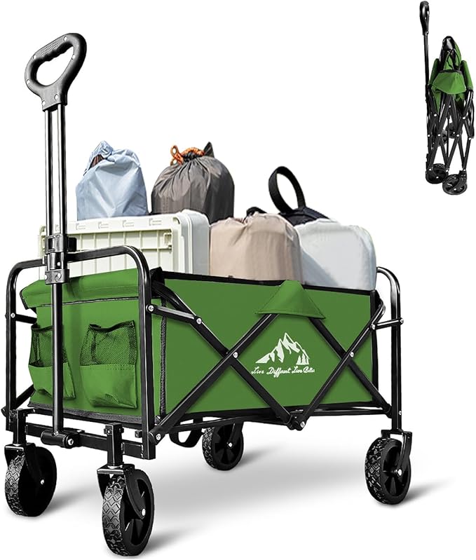 Collapsible Wagon with Quiet Wheels - Silent Grocery Shopping Cart for Seniors, Foldable Utility Cart for Laundry & Apartment, Washable Heavy Duty Rolling Wagon with Two Mesh Pockets, Green