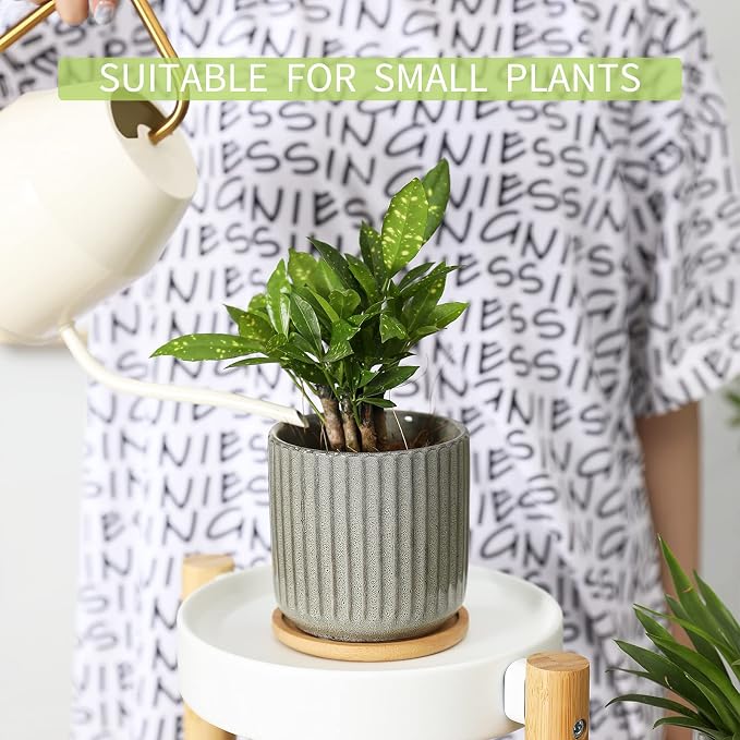 4 Inch Ceramic Plant Pot with Saucer, Creative Stripe Grey-Green Small Planters Pots with Drainage Hole and Mesh Pads for Succulent, Cactus, Herbs - Set of 4 | Stripe Grey-green, Small Planters Pot, for Succulent, Cactus, Herbs, Set of 4