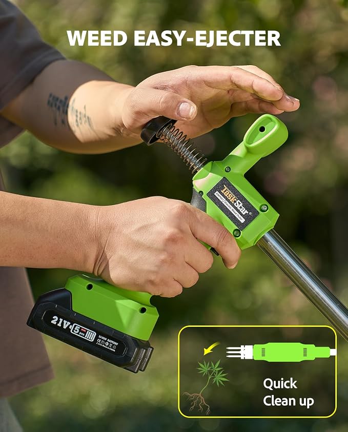TaskStar Electric Weed Puller Tool: 21V Battery Powered w/ 2pcs 2000mAh, Heavy Duty 3-Claw Steel Root Weeder Stand-Up Remover Picker Grabber Popper, for Dandelion Lawn Garden Yard EWP001