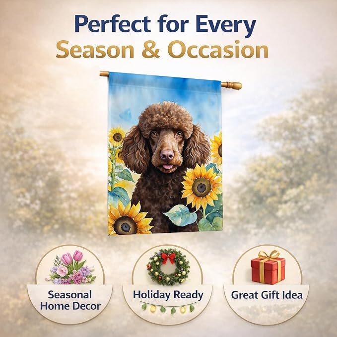 Caroline's Treasures DAC6140CHF Chocolate Poodle in Sunflowers House Flag Large Porch Sleeve Pole Decorative Outside Yard Banner Artwork Wall Hanging, Polyester, House Size, Multicolor