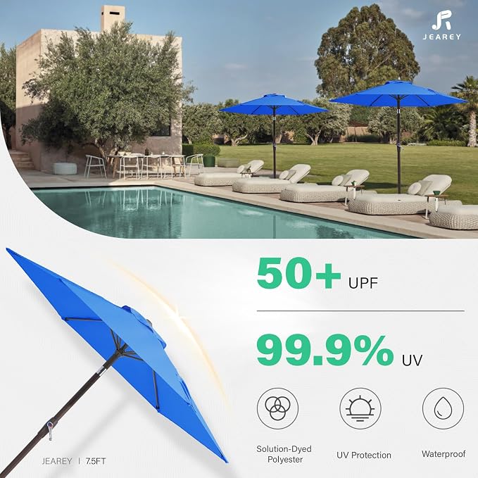 JEAREY 7.5FT Patio Umbrella Outdoor Market Umbrella with 6 Sturdy Ribs, Push Button Tilt/Crank Table Umbrella for Garden, Deck, Backyard and Pool, Royal Blue