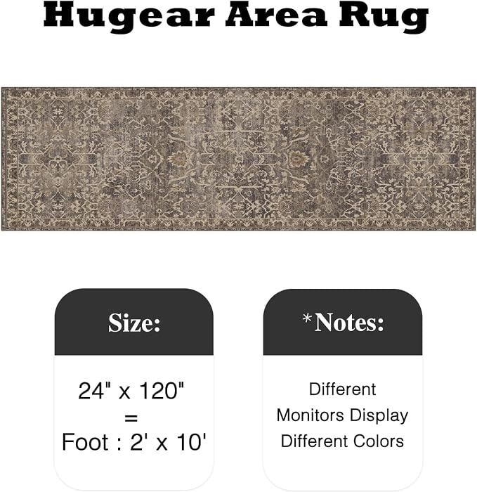 2x10 Brown Vintage Floral Washable Runner Rug for Hallway | Low Pile, Non Slip, Retro Style, Soft Distressed Indoor Rug for Entrance, Kitchen, Bedroom, Laundry Room, Home Decor
