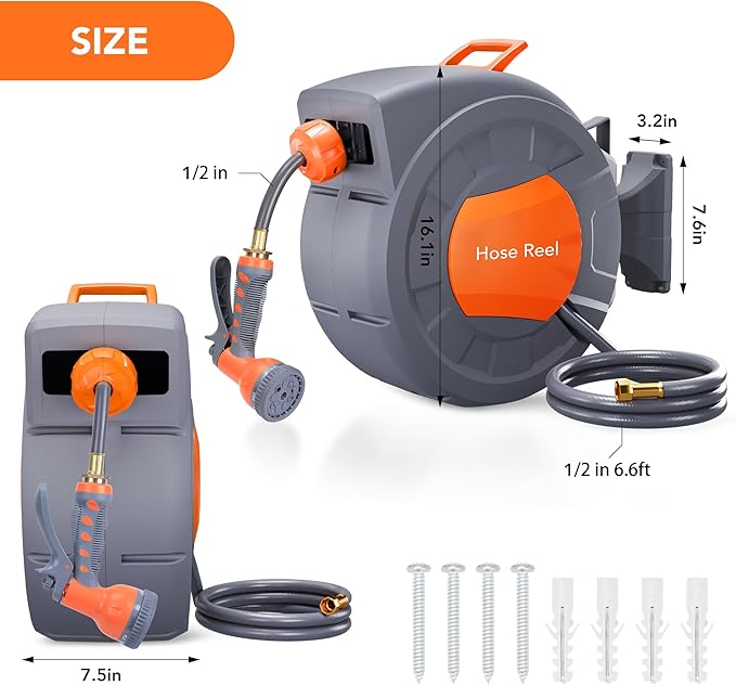 GAOMON Retractable Garden Hose Reel - 1/2 in x 100 ft, Wall Mounted, 9-Function Sprayer, Any Length Lock, 180° Swivel, Automatic Rewind & Slow Return System