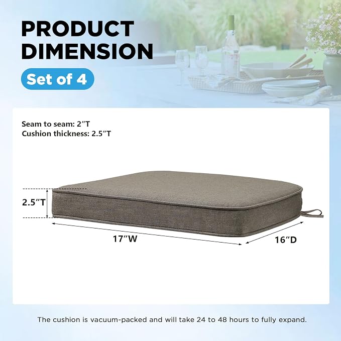 17 x 16 Inch Sunbrella Outdoor Chair Cushions with Tie Straps, Set of 4 Thick Water Repellent Round Patio Chair Pads for Garden Lawn Patio Furniture, Cast Shale