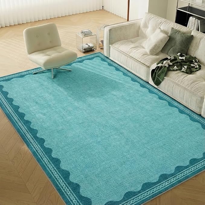 GarveeHome Scalloped Teal Washable Rugs 6x9 Rug for Living Room Solid Modern Minimalism Soft Low-Pile Carpet for Bedroom Dining Nursery Non Slip TPE Backing