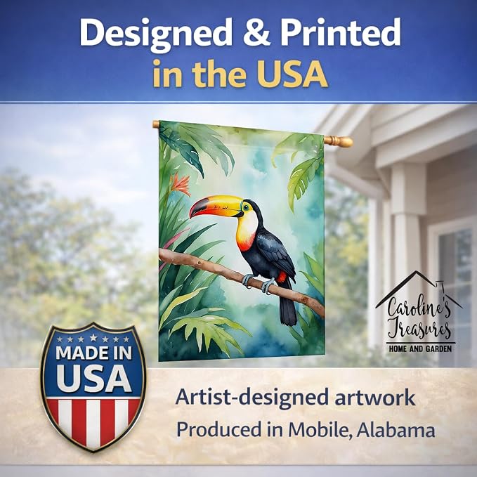 Caroline's Treasures Toucan House Flag Large Porch Sleeve Pole Decorative Outside Yard Banner Artwork Wall Hanging, Polyester, House Size, Multicolor