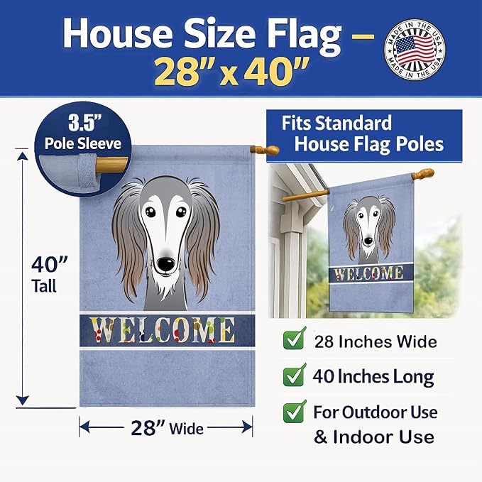 Caroline's Treasures BB1415CHF Saluki Welcome House Flag, Blue Large Porch Sleeve Pole Decorative Outside Yard Banner Artwork Wall Hanging, Polyester, House Size, Multicolor