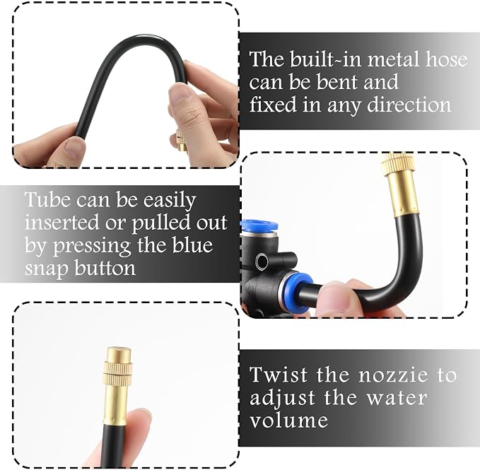Zonon 10 Pcs Brass Misting Nozzles Tee with 16" Built in Hose for 0.32"/8 mm Tubing 360 Degree Rotation Adjustable Water Mister Nozzle Thread Sprayer Misting Part Accessories for Patio Outdoor Cooling