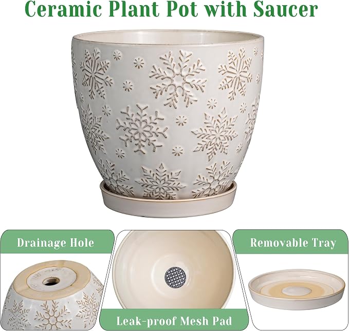 MPotTo 10 Inch Ceramic Planter Pot Large Plant Pot for Indoor Plants Outdoor Round Flower Pot with Drainage Hole and Saucer for Home Garden Decor White