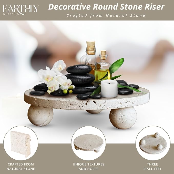 100% Natural Travertine Footed Tray – Round Stone Display Pedestal Stand Riser with 3 Ball Legs, Neutral Decorative Catchall for Vanity, Kitchen, Bathroom, Living Room, Soap, Perfume, Candle, 7.9''