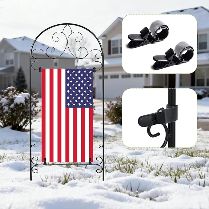 Garden Flag Holder Stand Yard Flag Holder Metal Flag Stand Outdoor Flag Pole Holder for Outside House Seasonal Garden Flag Stake for Lawn Holiday Decor with 2 Stoppers and 2 Anti-Wind Clips