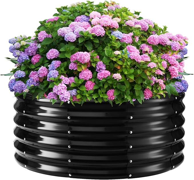 YSEJOMP 17" Tall Round Outdoor Garden Raised Garden Bed Kits-0.8MM Thick Metal Raised Planter Bed/Ground Planter Box for Variety of Flowers,Herbs,Vegetables,Trees (Black, 40 Dia X 16.5 inches)