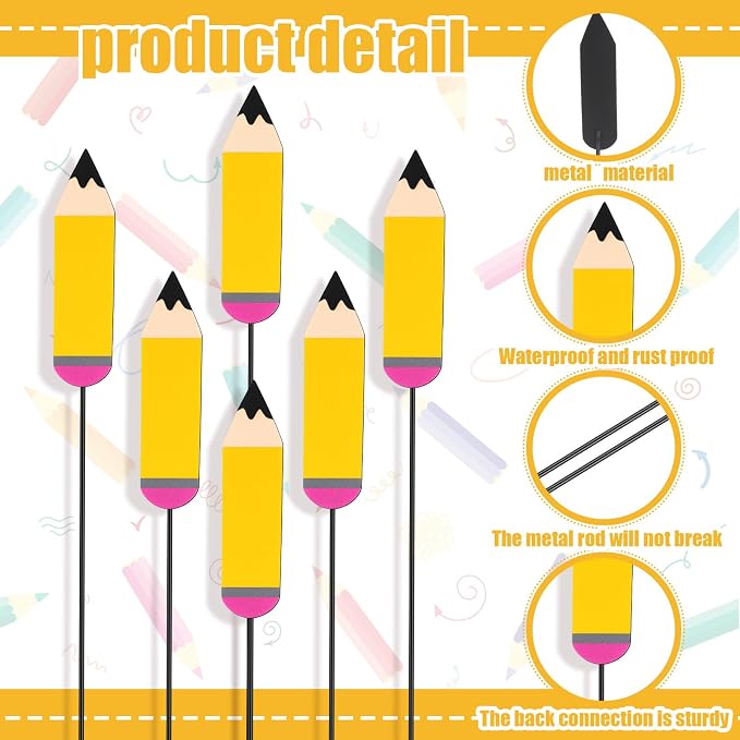 Pickmesh 6 Pcs 12'' H Back to School Outdoor Decorations Pencil Metal Yard Signs Large Preschool Graduation Outdoor Decor Pencil Party Photo Props for Classroom First Day of School Decor