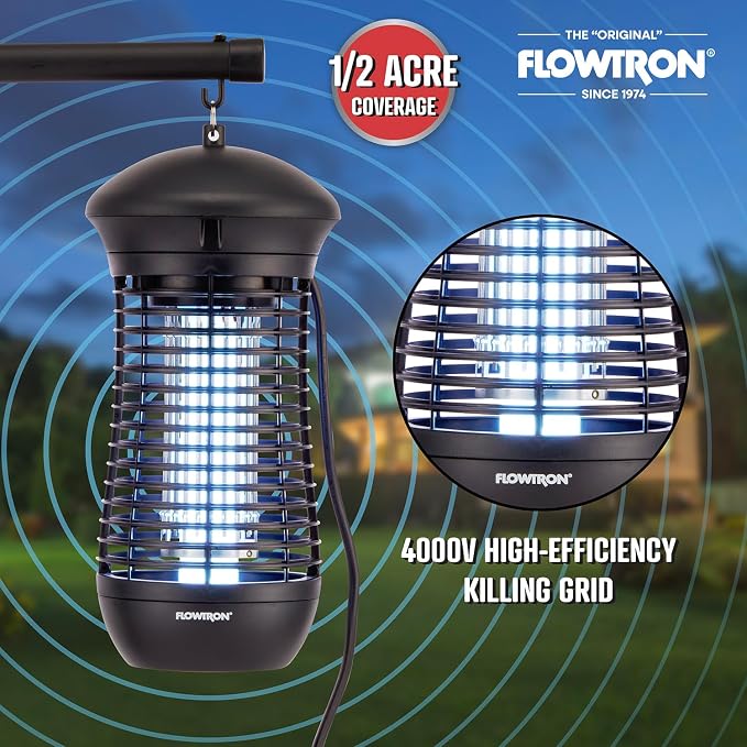 Flowtron Outdoor Bug Zapper | 4000 Volt Electric Insect Killer with 1/2 Acre Coverage | Non-Clogging Shock Grid | Kills Mosquitoes Flies & Flying Insects | Patio Deck Yard Camping | ETL Certified