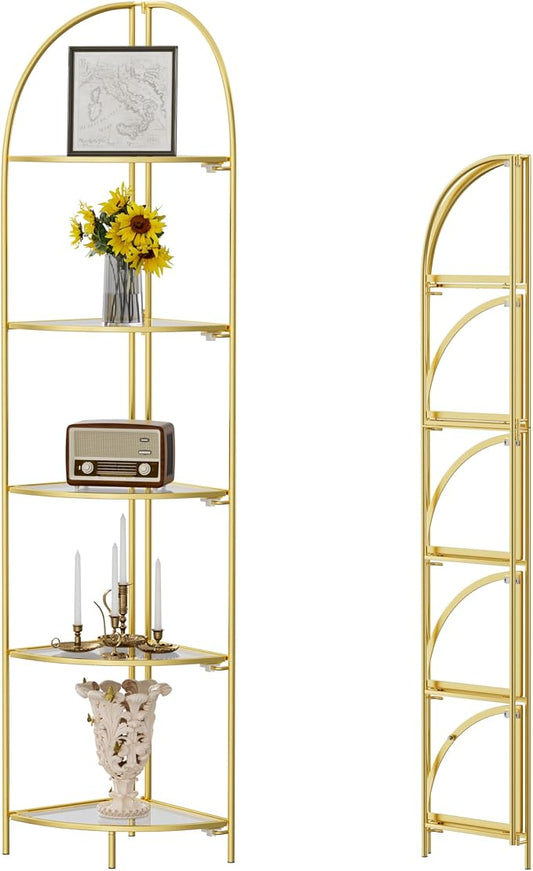 Crofy Foldable 5 Tier Corner Shelf, Metal Corner Plant Stand with Gold Frame and Transparent Shelves, Corner Display Rack Multipurpose Shelving Unit for Living Room, Bedroom, Bathroom