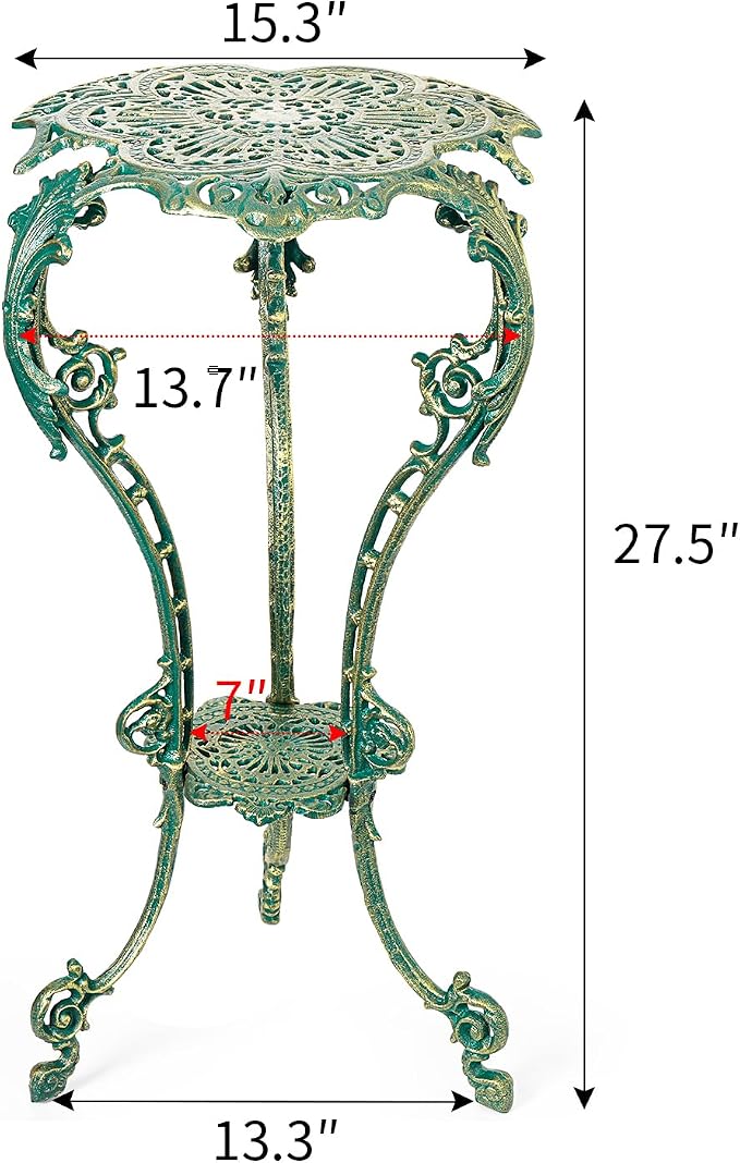 Sungmor Vintage Cast Iron Plant Stand - Ornate Green Pedestal Table for Indoor Outdoor Garden, 27.5" Antique Metal Flower Pot Holder, Victorian Style Plant Display Stand - Patio, Porch, Balcony Décor