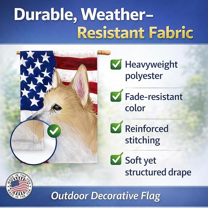Caroline's Treasures CK6630CHF Norwegian Buhund Dog American Flag House Flag Large Porch Sleeve Pole Decorative Outside Yard Banner Artwork Wall Hanging, Polyester, House Size, Multicolor