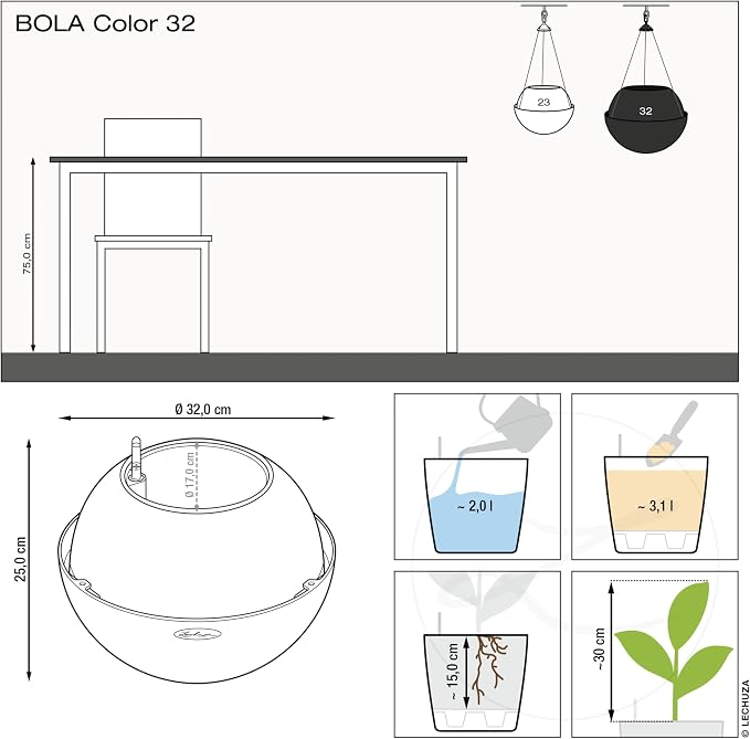 Lechuza BOLA Color 32 White, Self-Watering Hanging Planter, D12.6 H9.8 in