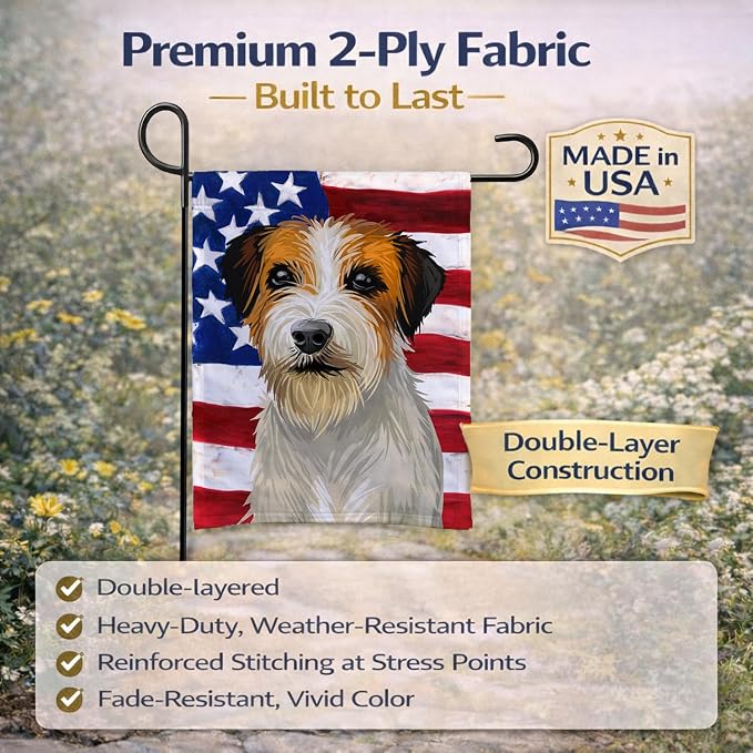 Caroline's Treasures CK6678GF Russell Terrier Dog American Flag Garden Flag Mailbox Flag Decorative Yard Flag Banner Outside Patio Artwork Yard Flower Beds, Garden Size, Multicolor
