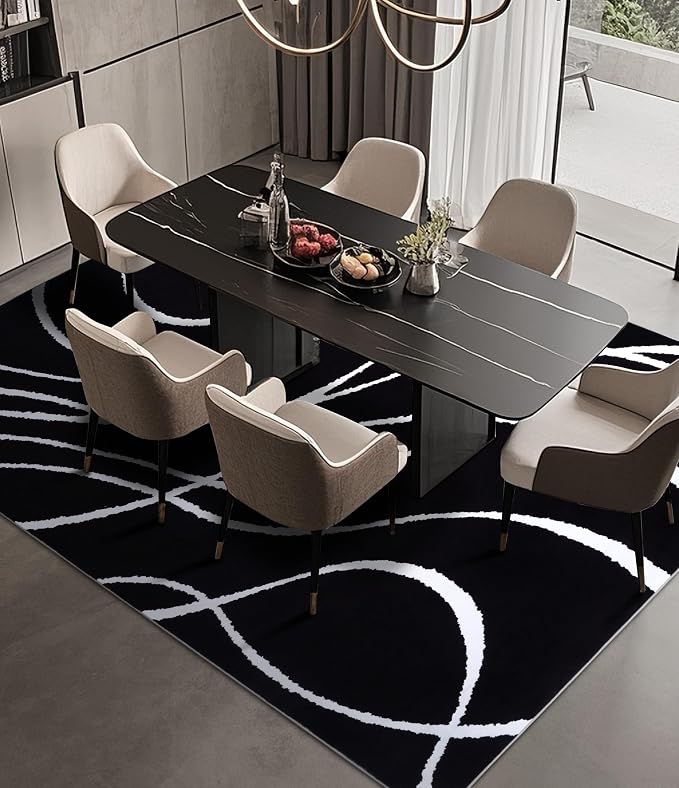 Black Modern Area Rug 5x7,Abstract Rugs for Bedroom,Black and White Geometric Rug,Minimalist Striped Rug,Dark Washable Area Rugs 5x7 Non Slip Throw Rugs for Bedroom，Office