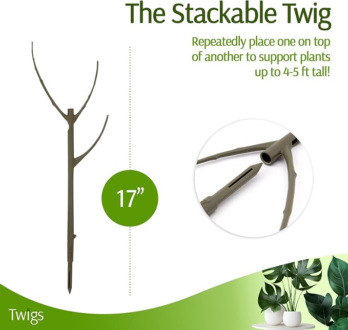 Twigs GA Stackable Plant Support Stakes, Moonstone, 10-Pack, 17" L | Made in USA, UV-Protected Sticks, Natural-Looking Stem Support Stakes, Stackable Poles for Indoor & Outdoor Plants up to 5ft