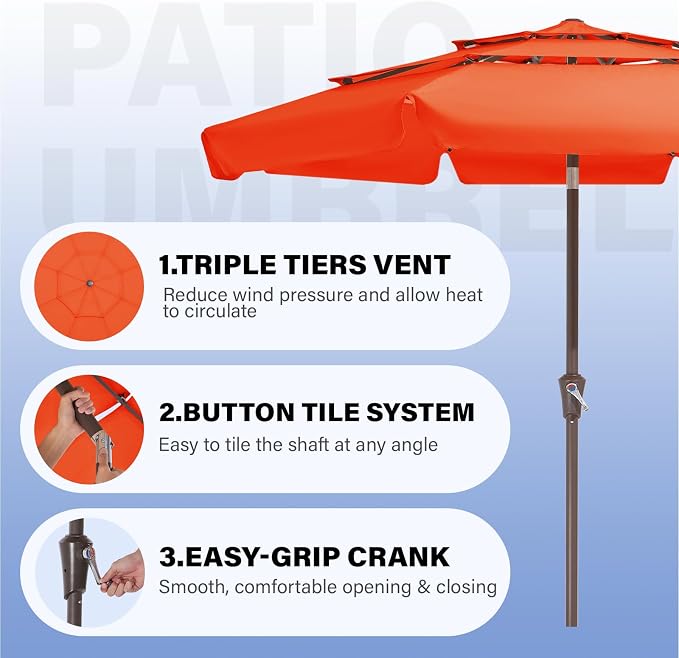 JEAREY 3 Tiers 9 FT Patio Umbrellas Outdoor Table Umbrella with Push Button Market Umbrella 8 Sturdy Ribs UV Protection Waterproof for Garden,Orange