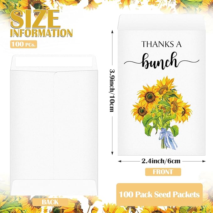 Fumete 100 Pcs Thank You Seed Packets Wedding Favor Sunflower Seed Envelopes Thanks a Bunch Party Favors Self Adhesive Seeds Storage Packets Envelopes for Appreciation Gifts Wedding, No Seeds