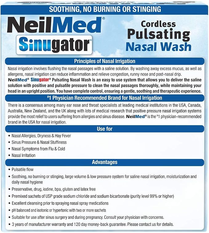 NeilMed Sinugator Cordless Pulsating Nasal Irrigator (Dual Speed) with 30 Premixed Packets and 3 AA Batteries - Black (Pack of 1)
