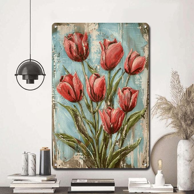 Metal Sign Tin Sign Vintage Wall Art Vintage Shabby Chic Tulip Tin Sign for Rustic Wall Art Elegant Blooms and Weathered Texture Displ Garden Metal Sign for Restaurant 6×8 Inches